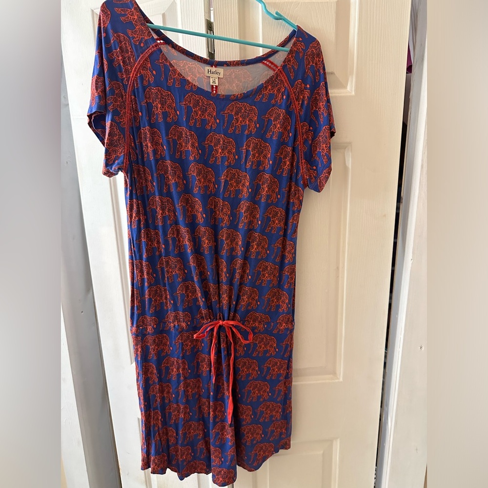 Hatley Blue and Orange Elephant Print Dress with waist cinching tie